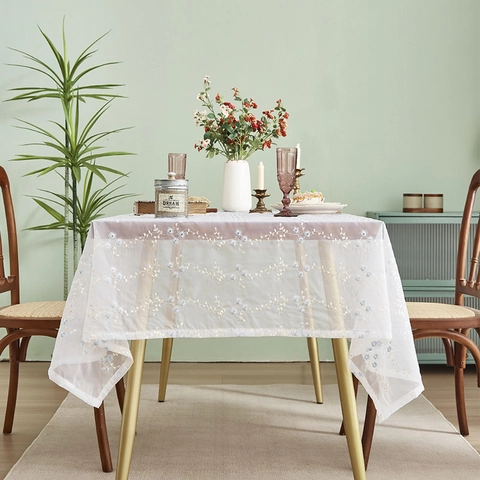 Nappe en Dentelle Pastorale Française Avec Broderie Florale Couverture de Table en Filet Blanc pour Table à Manger Rectangulaire