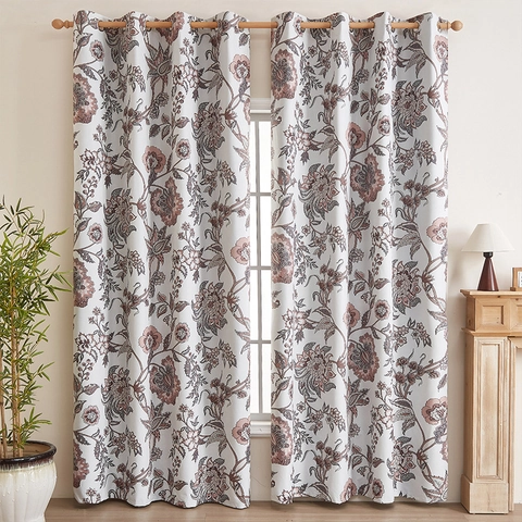 Total Blackout Curtains Polyester Retro Floral Geometric Printed Grommet Top Window Drapes For Living Room Bedroom Home Decor
