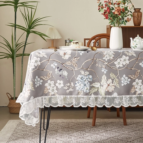 Retro Bloemenprint Tafelkleed Met Witte Kant Rand Waterdicht Polyester Rechthoekig Stofdicht Eettafel Cover Decor
