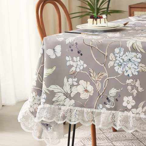 Retro Bloemenprint Tafelkleed Met Witte Kant Rand Waterdicht Polyester Rechthoekig Stofdicht Eettafel Cover Decor