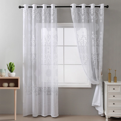 Modern Minimalist Lace Sheer Window Curtain Panel Polyester Grommet Top Damask Pattern Voile For Living Room Bedroom