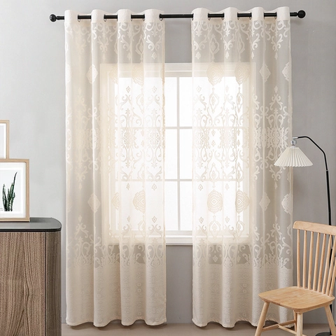 Lace Sheer Curtains Floral Damask Embroidered Tulle Window Treatment For Living Room Bedroom Semi Shading Grommet Top