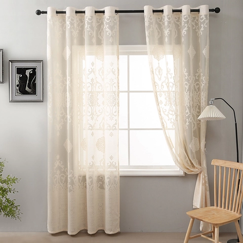 Lace Sheer Curtains Floral Damask Embroidered Tulle Window Treatment For Living Room Bedroom Semi Shading Grommet Top