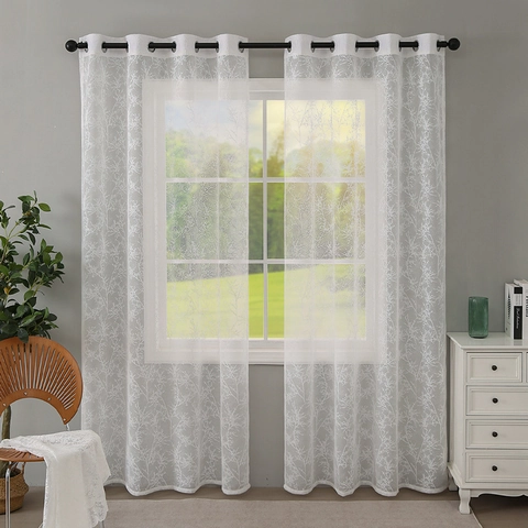 Modern Minimalist Lace Sheer Curtains Branch Leaf Jacquard Grommet Top Light Filtering Window Voile Drape For Living Room Bedroom