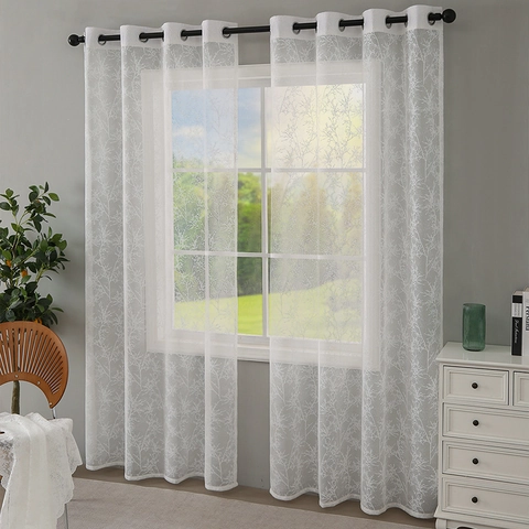 Modern Minimalist Lace Sheer Curtains Branch Leaf Jacquard Grommet Top Light Filtering Window Voile Drape For Living Room Bedroom