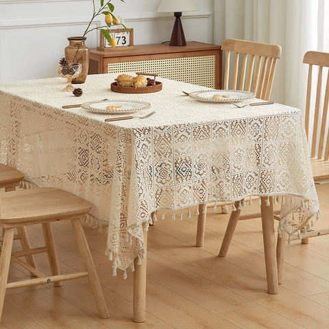 Vintage Crochet Lace Tablecloth Rectangular Hollow Out Dining Table Cover With Tassels Rustic Farmhouse Home Table Decor