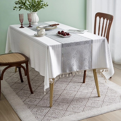 Französischer Patchwork Tischdecke Mit Quasten Rechteckige Polyester Waffelstruktur Esstischdecke Für Küche Heimdekor