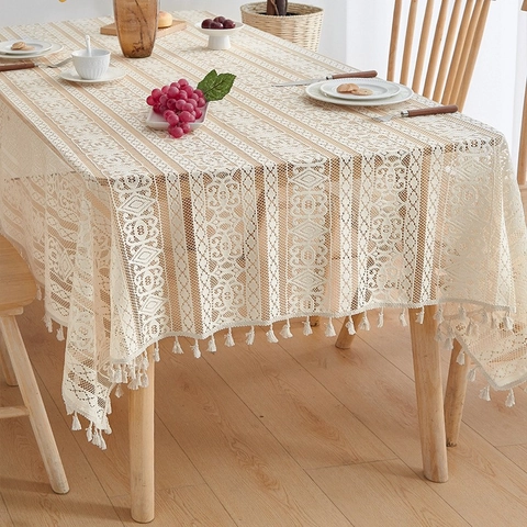 Nappe En Dentelle Crochet Beige Tissu Décoratif Évidé Avec Glands Pour Table À Manger Esthétique Rustique Vintage