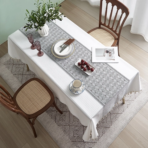 Französischer Stil Rechteckige Tischdecke Graue Diamant-Spleißen Quasten Polyester Waffelstruktur Esstisch-Abdeckung Dekor