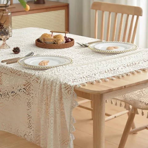 Vintage Crochet Lace Tablecloth Rectangular Hollow Out Dining Table Cover With Tassels Rustic Farmhouse Home Table Decor