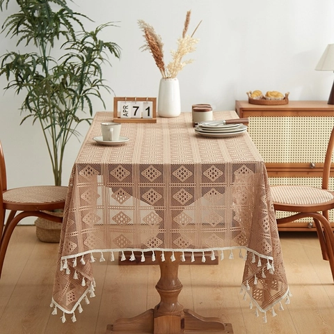Vintage Chemical Fiber Crochet Hollow Tablecloth Rectangular Geometric Rhombus With Tassels Dustproof Heat Resistant Cover