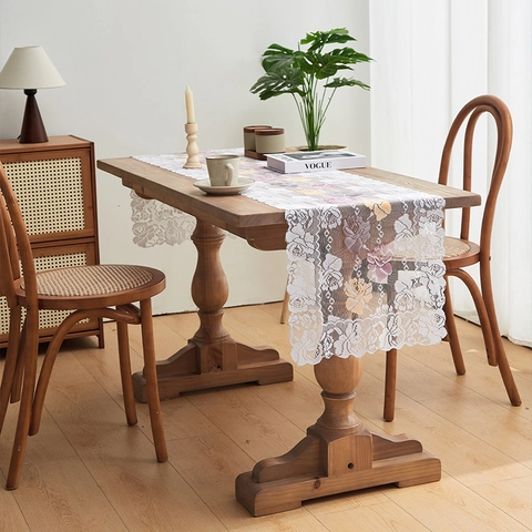 Vintage French Country Lace Table Runner With Rose Floral Embroidery White Hollow Out Decorative Table Runner For Dining Room
