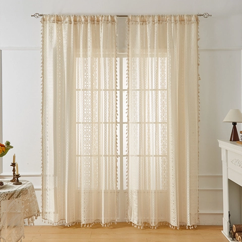 Vintage Polyester Holle Kant Gordijnen Met Kwastjes Voor Woonkamer Slaapkamer Beige Bohemien Landelijke Stijl Raamdecoratie