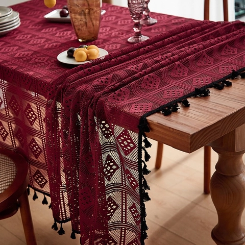 Vintage Hollow Out Crochet Tablecloth With Tassels Geometric Rhombus Lace Dustproof Table Cover For Dining Room Decor