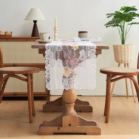 Vintage French Country Lace Table Runner With Rose Floral Embroidery White Hollow Out Decorative Table Runner For Dining Room