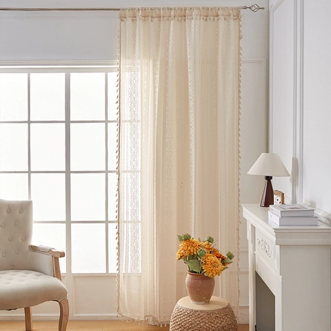 Vintage Polyester Holle Kant Gordijnen Met Kwastjes Voor Woonkamer Slaapkamer Beige Bohemien Landelijke Stijl Raamdecoratie