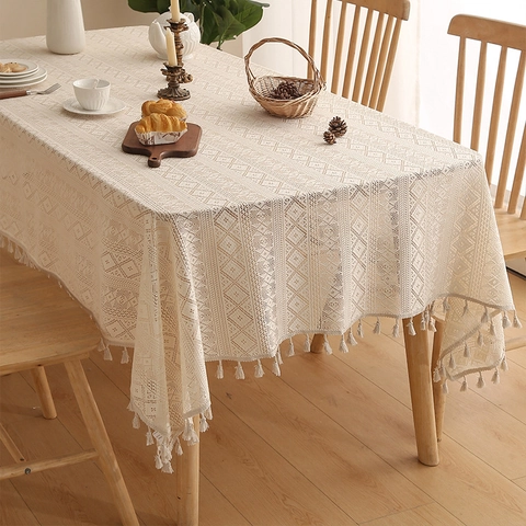 Bohemian Crochet Hollow Out Lace Tablecloth Beige Geometric Diamond Pattern With Tassels For Rectangular Dining Table Home Decor