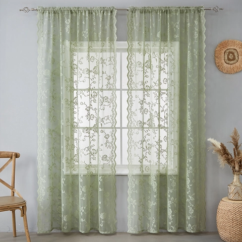Vintage French Rose Lace Curtains Embroidered Semi Sheer Window Treatments Rod Pocket Polyester Drapes For Bedroom Kitchen