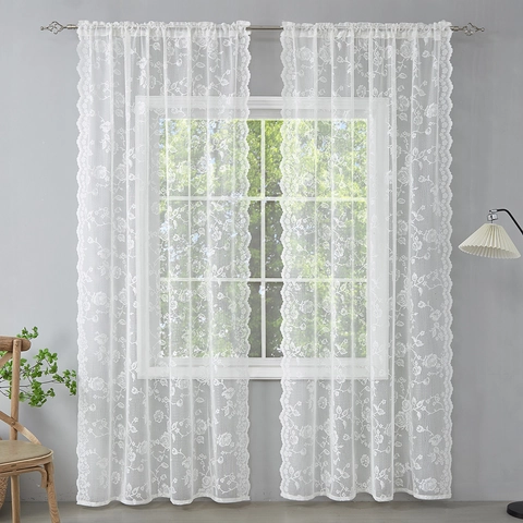 French Retro Rose Lace Sheer Curtains For Living Room Bedroom Floral Embroidery Scalloped Edge Rod Pocket Window Panel