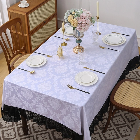 Europäische Vintage Polyester Tischdecke Mit Damast Jacquard Und Spitzenkante Hitzebeständige Rechteckige Esstischabdeckung