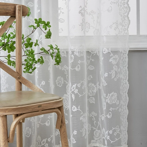 French Retro Rose Lace Sheer Curtains For Living Room Bedroom Floral Embroidery Scalloped Edge Rod Pocket Window Panel