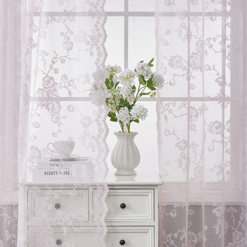 French Style Rose Floral Lace Sheer Curtains For Living Room Bedroom Polyester Warp Knitted Rod Pocket Wavy Edge Drapes