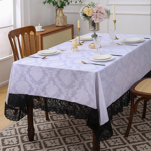Europäische Vintage Polyester Tischdecke Mit Damast Jacquard Und Spitzenkante Hitzebeständige Rechteckige Esstischabdeckung