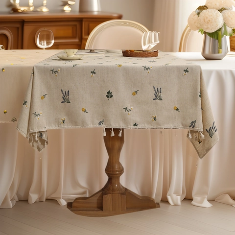 French Pastoral Polyester Embroidered Tablecloth Creamy White Lavender Floral Pattern Tassel Fringe Decorative Table Cover For Home Kitchen