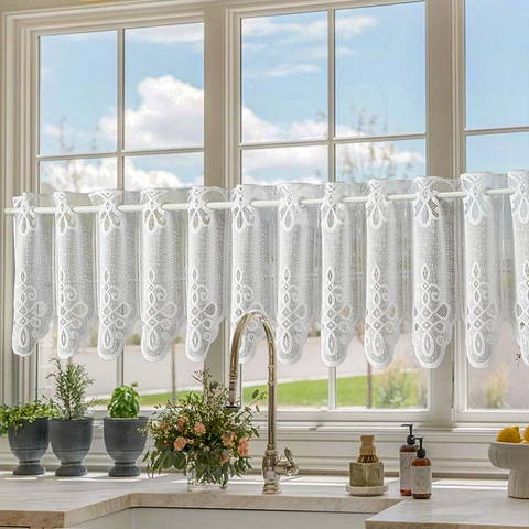 White Lace Cafe Curtains American Style Embroidered Hollow Floral Polyester Semi Sheer Short Window Curtain For Kitchen Decor