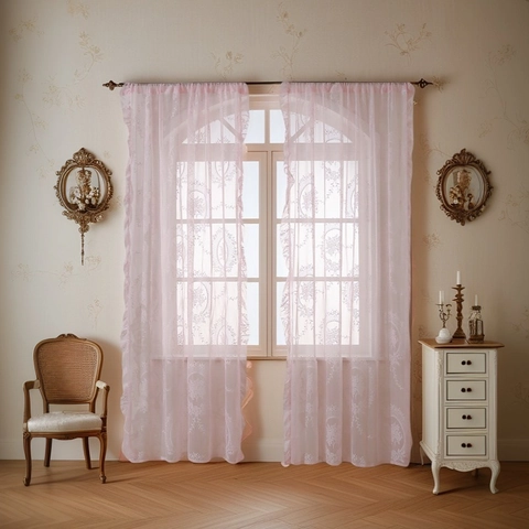 French Country Lace Sheer Curtains Floral Embroidered Tulle Window Drapes With Ruffles For Living Room Bedroom Romantic Home Decor