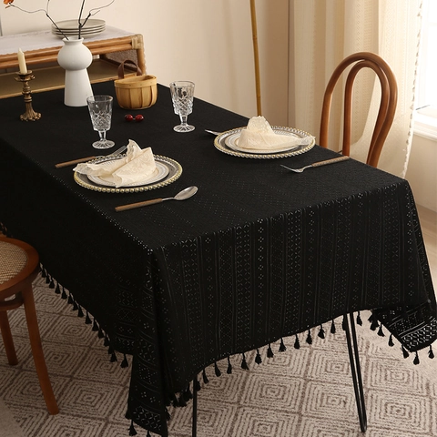 Vintage French Lace Tablecloth Rectangular Hollow Out Tassel Table Cover For Dining Room Party Holiday Home Decor