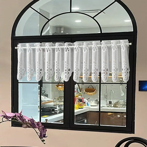 White Lace Cafe Curtains American Style Embroidered Hollow Floral Polyester Semi Sheer Short Window Curtain For Kitchen Decor