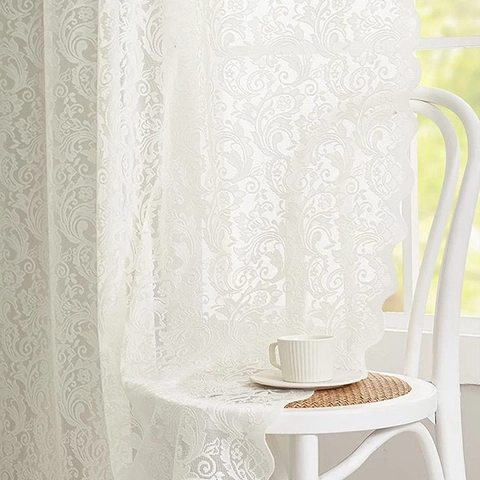 French Vintage Floral Lace Curtain Polyester Semi-Shading White Black Scalloped Edge Window Screen For Living Room Bedroom Home Decor