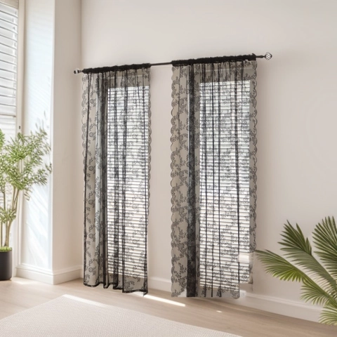 Cortina de Puerta de Encaje Negro Vintage Bordado Floral Borde Festoneado Cortina de Ventana Pequeña para Cocina Sala de Estar Decoración