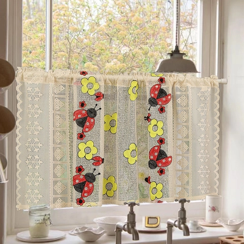 Nordic Vintage Lace Cafe Curtain Short Window Valance With Floral Butterfly Ladybug Embroidery For Kitchen Dining Room Home