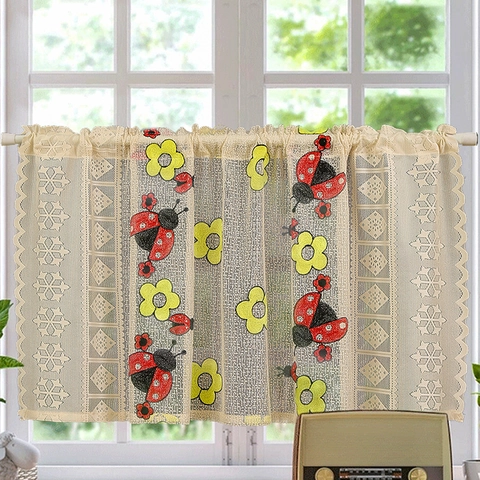 Nordic Vintage Lace Cafe Curtain Short Window Valance With Floral Butterfly Ladybug Embroidery For Kitchen Dining Room Home