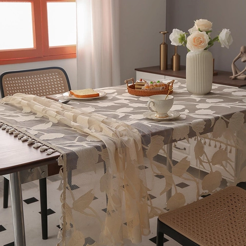 Nordic Beige Lace Rectangular Tablecloth Waterproof Dustproof With Tassels Tulip Floral Pattern Dining Table Cloth Home Decor