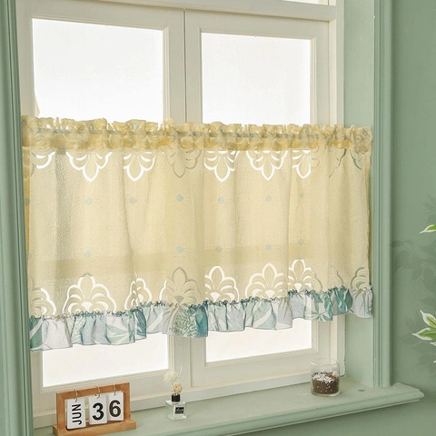 Rideau de Café Rétro Style Américain Jacquard Ajouré pour Cuisine Rideau Court à Passe-tringle Rideau de Porte avec Volants