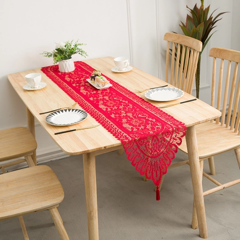 French Country Vintage Woven Lace Table Runner With Tassels Hollow Out Floral Crochet Table Cloth For Wedding Party Home Decor