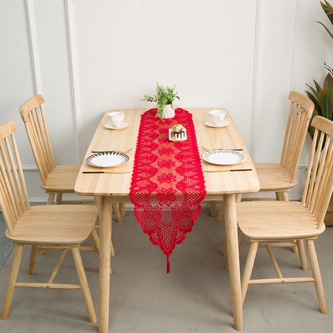 Vintage Hollow Lace Table Runner With Tassels Polyester Floral Crochet Tablecloth For Dining Room Wedding Party Home Decor
