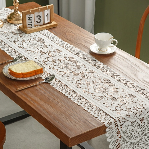 Camino de Mesa de Encaje Estilo Francés Poliéster Floral Crochet Hueco Mantel Con Borlas para Comedor Fiesta Hogar Decoración