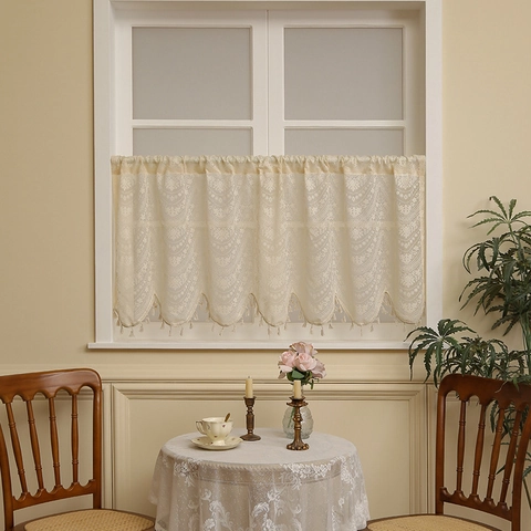 French Country Lace Coffee Curtain Vintage Floral Butterfly Ladybug Mushroom Print Half Curtain Tassel Fringe Cafe Window Kitchen Decor
