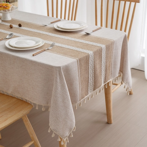 Amerikaanse Lichte Luxe Gestreept Tafelkleed Polyester Linnen Textuur Waterdicht Oliebestendig Rechthoekig Met Kwastjes Keukendecoratie