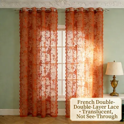 French Double Layer Lace Rose Pattern Curtains Vintage Semi Sheer Polyester Window Drapes For Bedroom Kitchen Home Decor