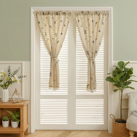 Rideau de Porte Brodé Épi de Blé de Style Japonais Écran de Partition en Tissu de Polyester pour Chambre Cuisine avec Glands