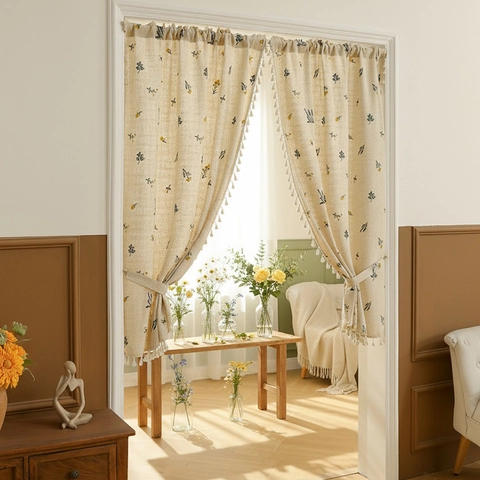 Rideau de Porte Brodé Épi de Blé de Style Japonais Écran de Partition en Tissu de Polyester pour Chambre Cuisine avec Glands