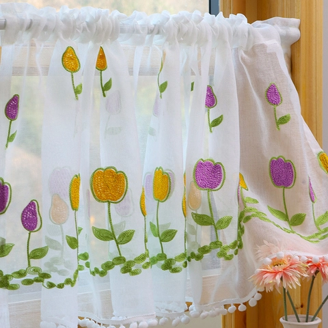 American Pastoral Tulip Embroidered Lace Cafe Curtain Translucent Polyester Half Curtain With Pom-pom Fringe Rod Pocket Short Curtain