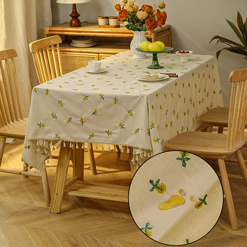 Wasserdichte Ölbeständige Sonnenblume Gesteppte Tischdecke Rechteckig Baumwolle Polyester Tischbezug Mit Quasten Für Esszimmer Deko