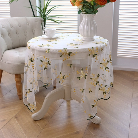 Mantel Pastoral de Encaje Bordado Floral Cubierta de Mesa de Malla de Poliéster para Sala de Estar Cocina Hogar Boda Fiesta Decoración