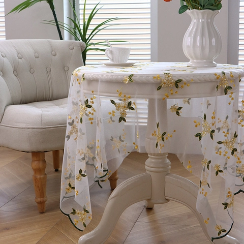 Mantel Pastoral de Encaje Bordado Floral Cubierta de Mesa de Malla de Poliéster para Sala de Estar Cocina Hogar Boda Fiesta Decoración